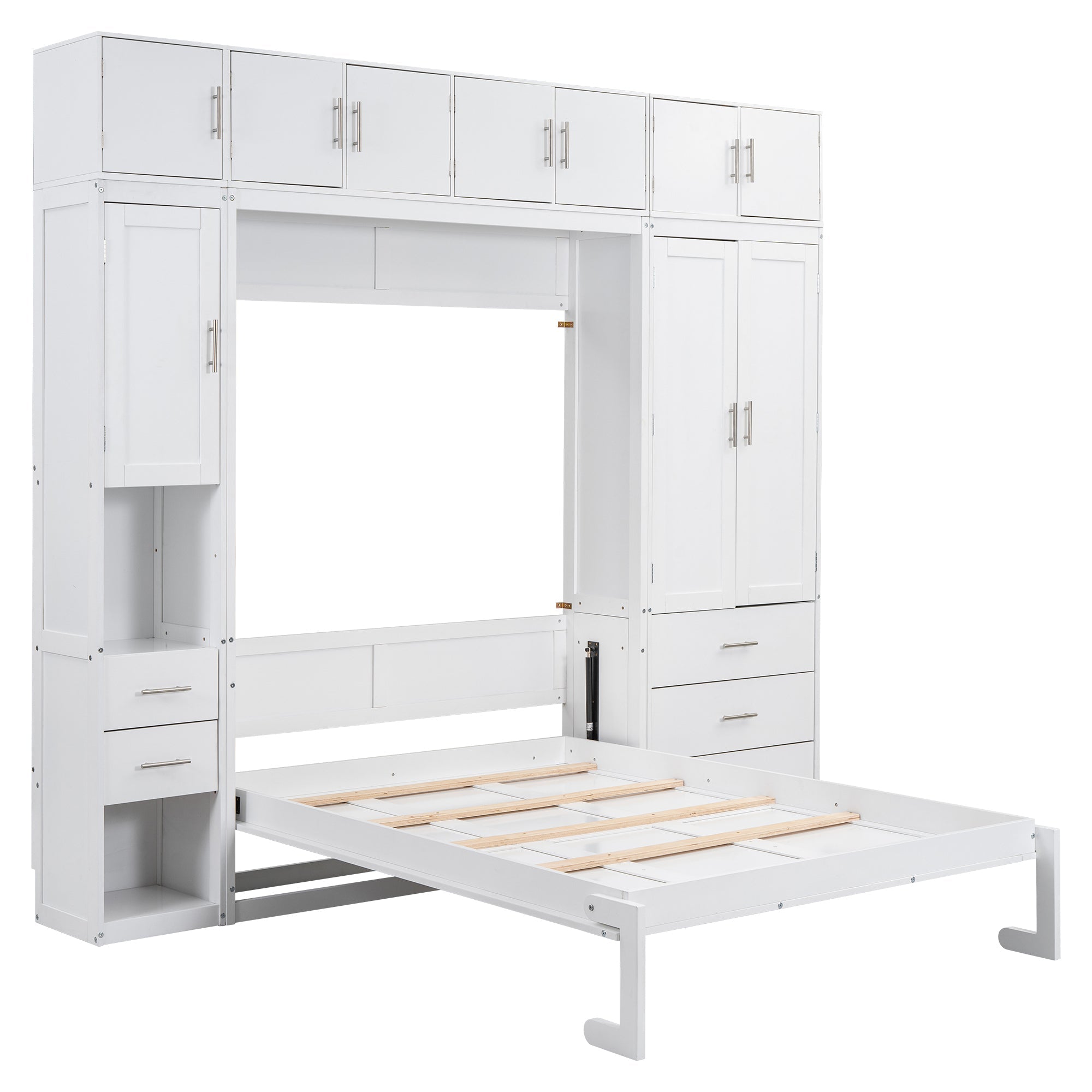 White Full Size Murphy Bed with Lockers and Wardrobes, MDF+Pine, 108.4''L x 15.7''W x 99''H
