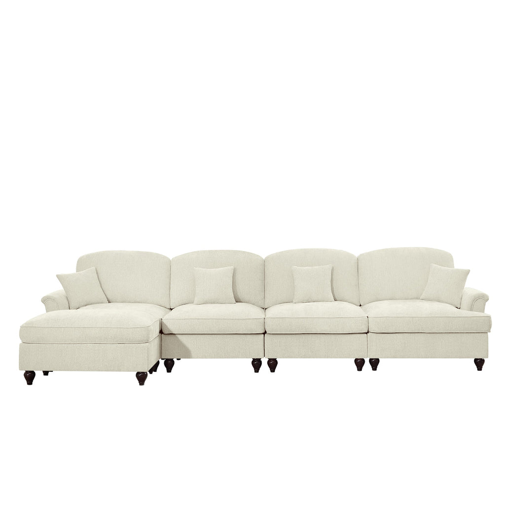 Classic Three Seater Modular L Shaped Sectional Couch with Flared Arms and Removable Ruffles Pleats Skirts and Spindle Legs, Comfy Chenille Four-Seat Deep Seat Sofa with Movable Ottoman, Beige White