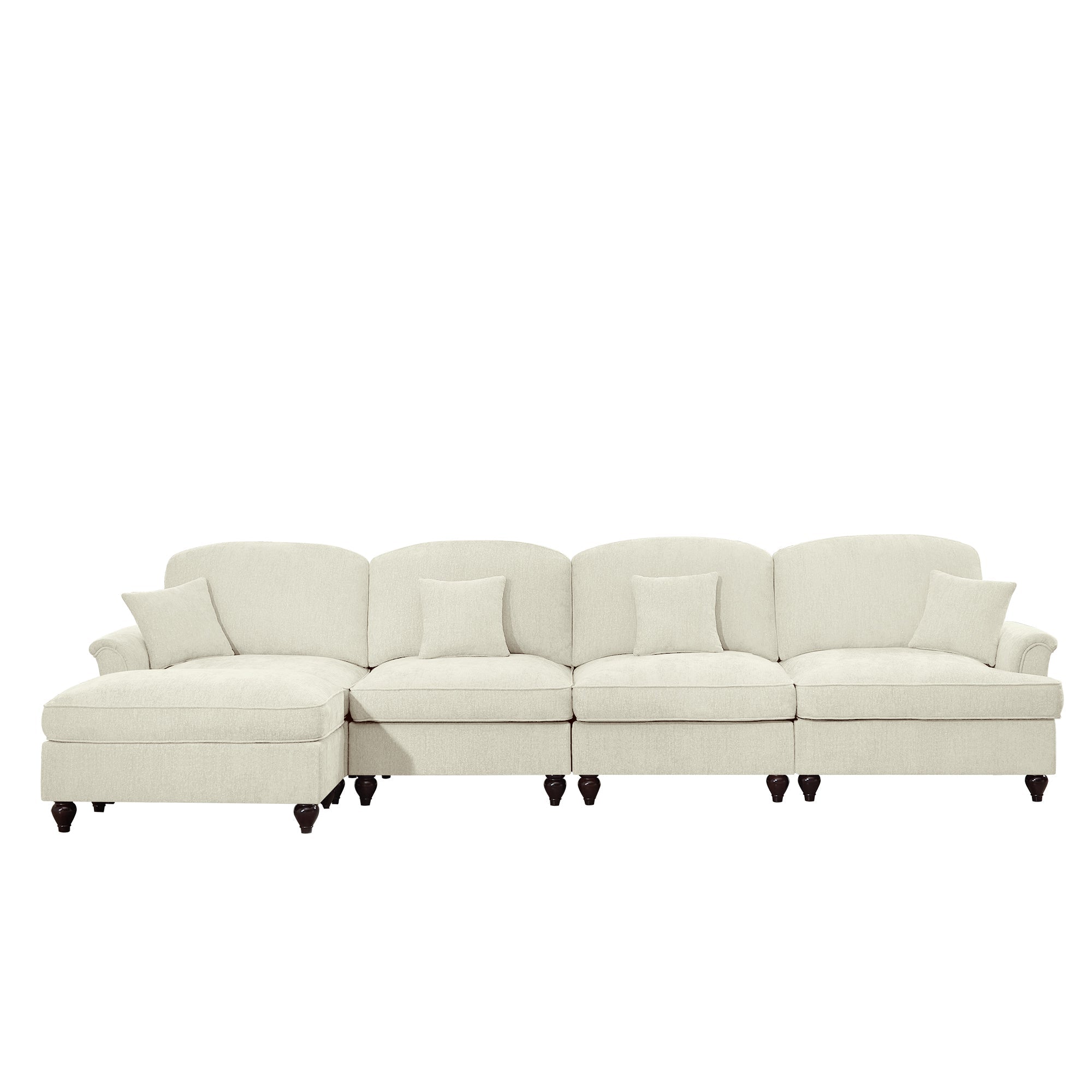 Classic Three Seater Modular L Shaped Sectional Couch with Flared Arms and Removable Ruffles Pleats Skirts and Spindle Legs, Comfy Chenille Four-Seat Deep Seat Sofa with Movable Ottoman, Beige White