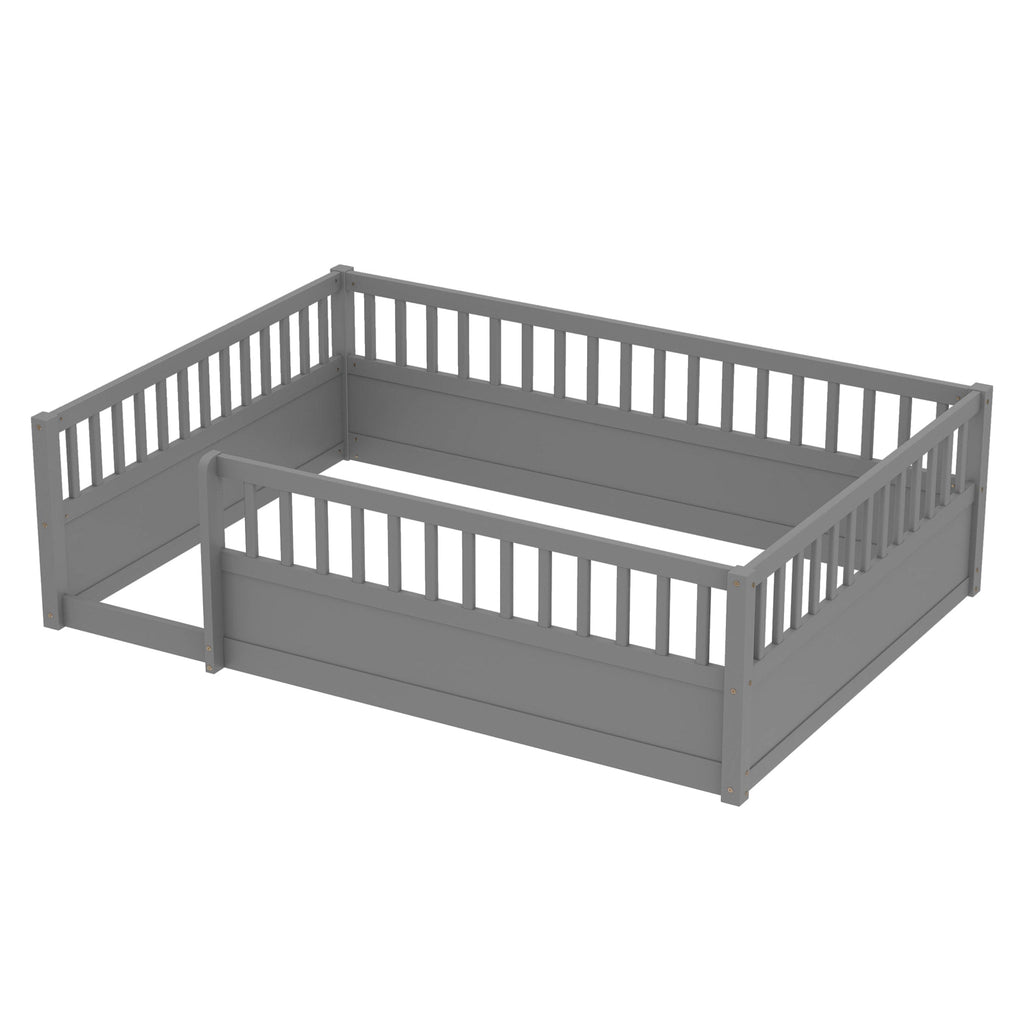 Full Floor Bed Frame with Fence, Montessori wooden children's floor bed,Wood Kids Floor Beds Frame for Bedroom Playroom,Gray