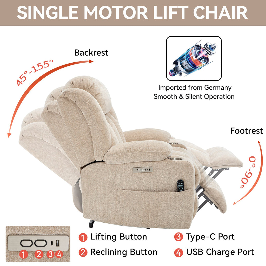 Up to 350 LBS Chenille Power Lift Recliner Chair, Heavy Duty Motion Mechanism with 8-Point Vibration Massage and Lumbar Heating, USB and Type-C Ports, Stainless Steel Cup Holders, Beige