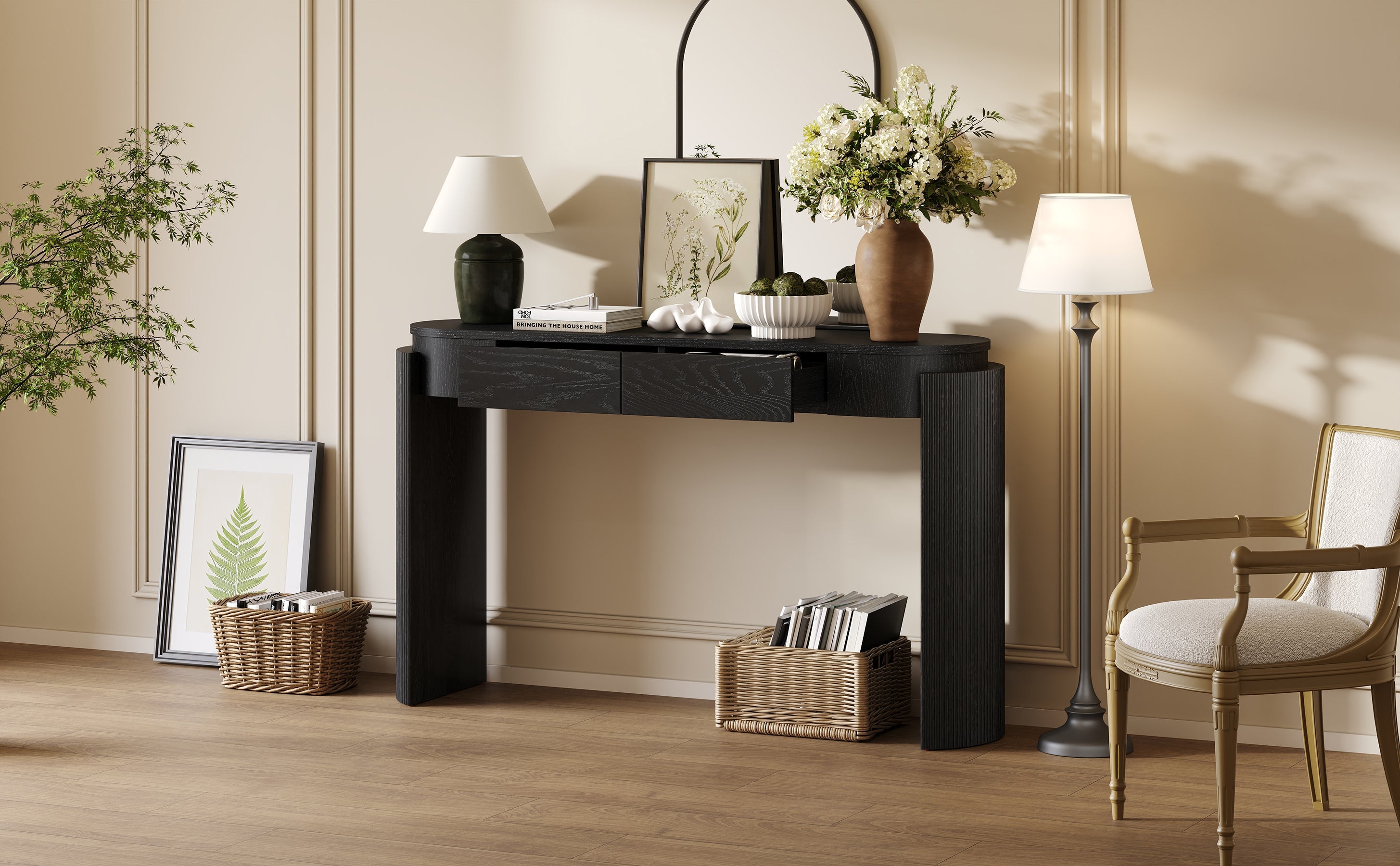 TREXM Entryway Table with Natural Wood Grain Finish, Console Table with Fluted Design, Oval Top and 2 Drawers for Entryway and Living Room (Black)