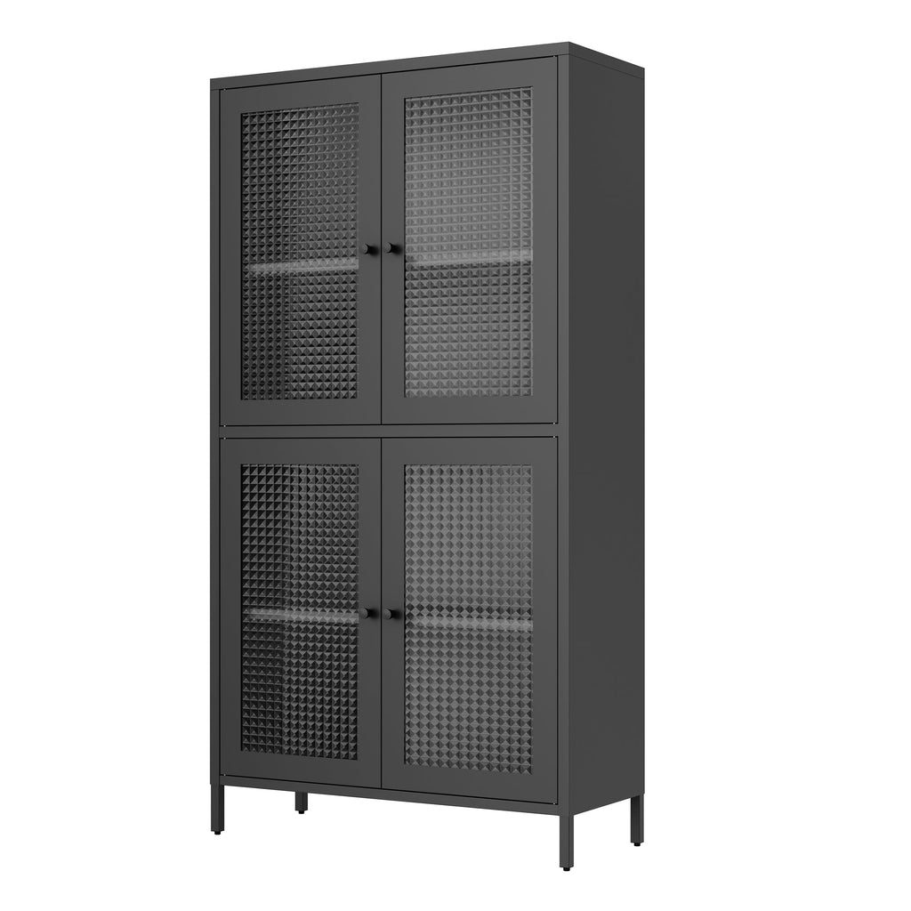 Classic Metal Storage Cabinet Display Cabinet with 4 Glass Doors 4 Shelves Cabinet  Bookcase Side Cabinet for Home Office Living Room Kitchen Hallway - Black, Waffle Grids Tempered Glass