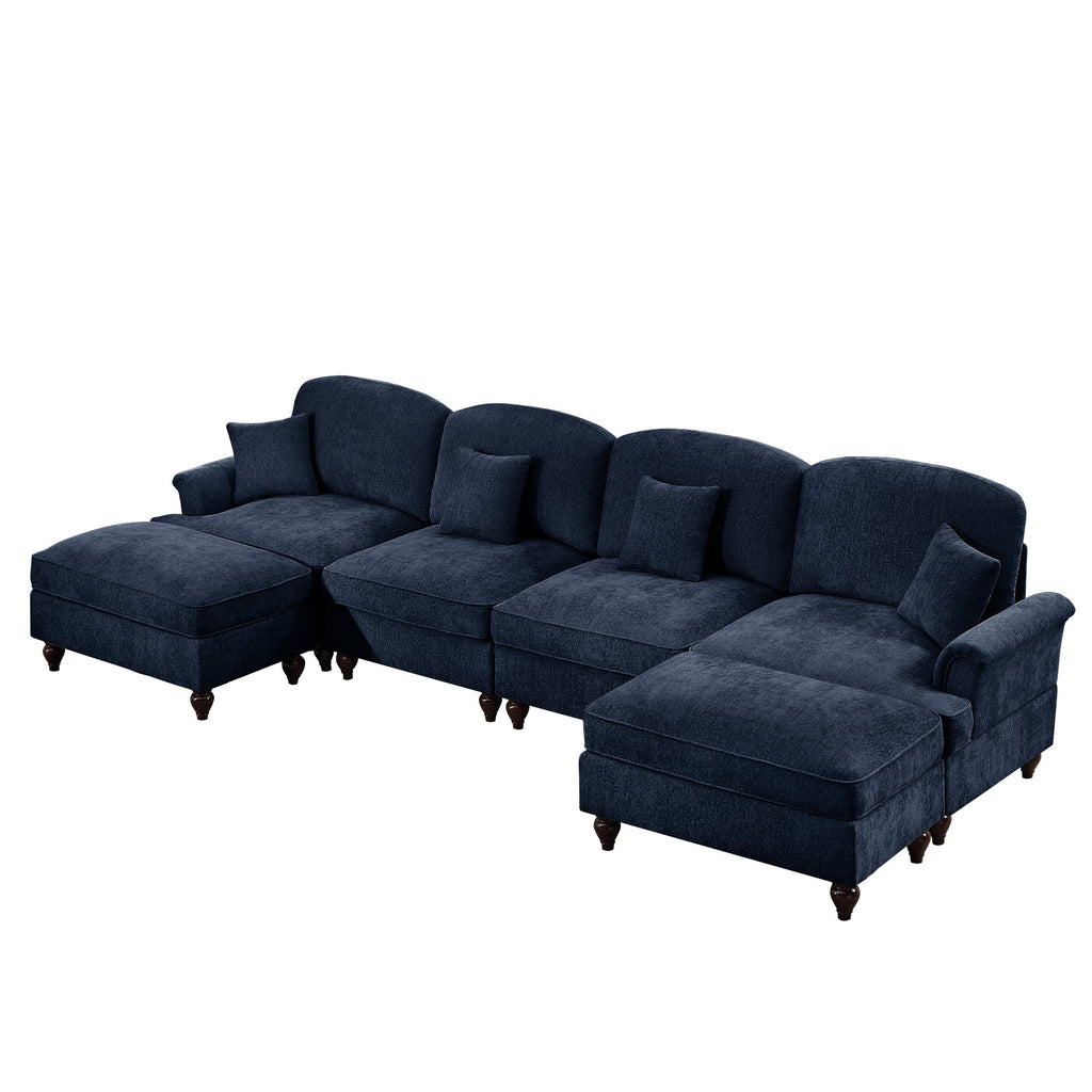 Classic U Shape 4 Seater Modular Sectional Sofa Couch with Flared Arms and Removable Ruffles Pleats Skirts and Spindle Legs, Chenille Deep Seat Cloud Sofa with Movable Ottomans, Blue