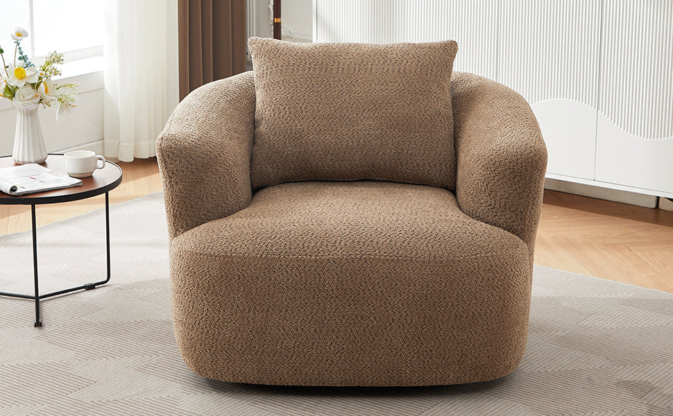 Chenille Upholstered 360° Swivel Chair with Throw Pillow, Dark Brown, 38.2' Accent Chair Sofa for Living Room and Office
