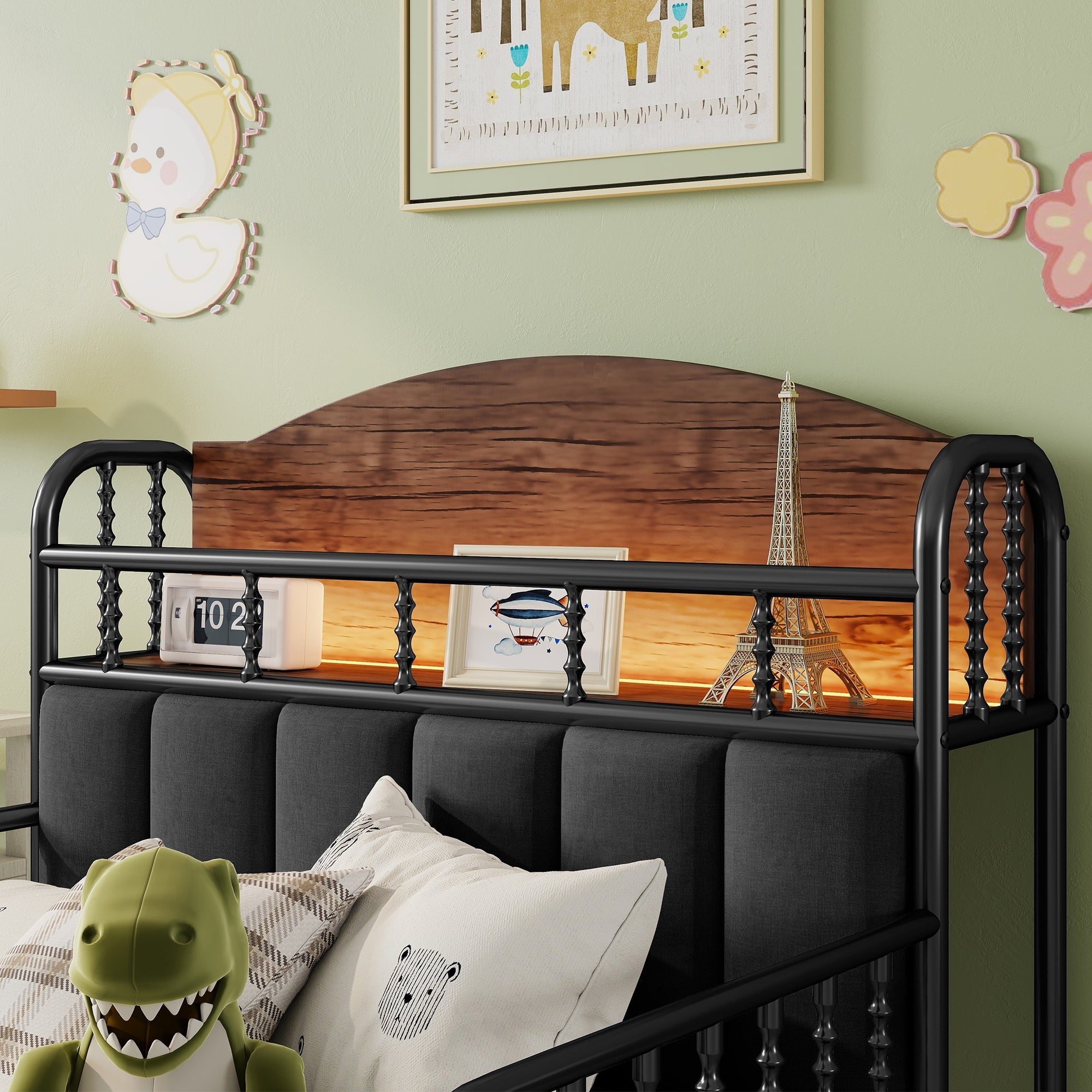 Twin Size Metal Platform Bed Frame with Light, Kids Twin Metal Bed with Upholstered and Storage Headboard, Black (Expect Arrival Date 2025/10/5)