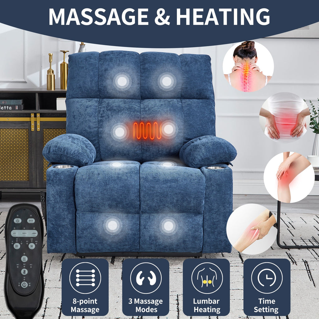 Blue Dual Motor Infinite Position Up to 350 LBS Chenille Power Lift Recliner Chair, Heavy Duty Motion Mechanism with 8-Point Vibration Massage and Lumbar Heating, Dual Cup Holders