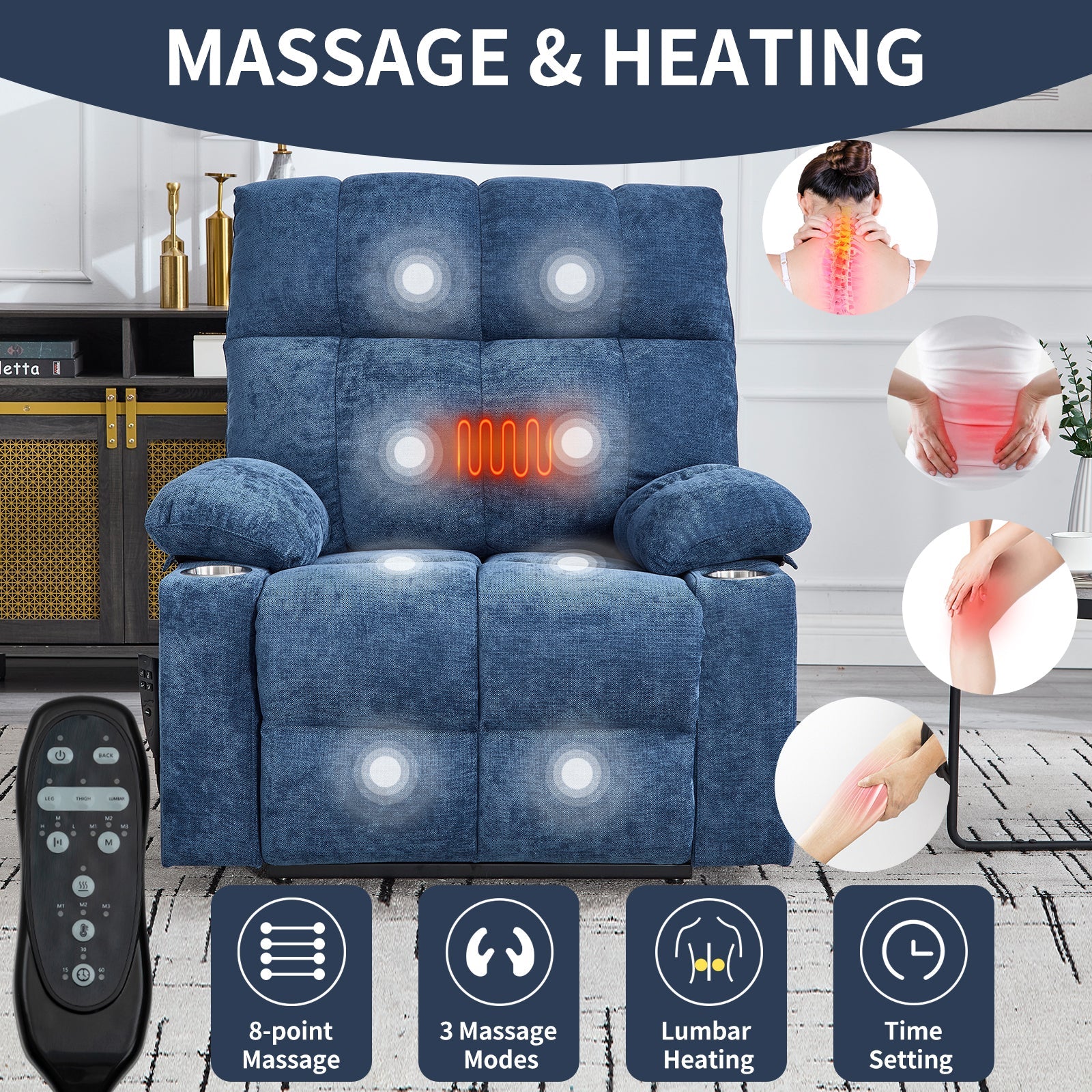 Blue Dual Motor Infinite Position Up to 350 LBS Chenille Power Lift Recliner Chair, Heavy Duty Motion Mechanism with 8-Point Vibration Massage and Lumbar Heating, Dual Cup Holders