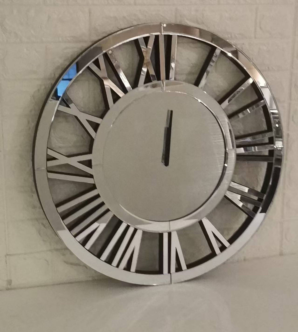 24' Large Wall Clock Decorative, Mirrored Wall Clock for Living Room Decor, Big Silver Modern Wall Clocks Decor, Hour and Minute Hand, Battery Operated