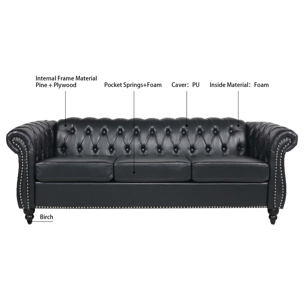 84.65" BLACK PU Rolled Arm Chesterfield Three Seater Sofa