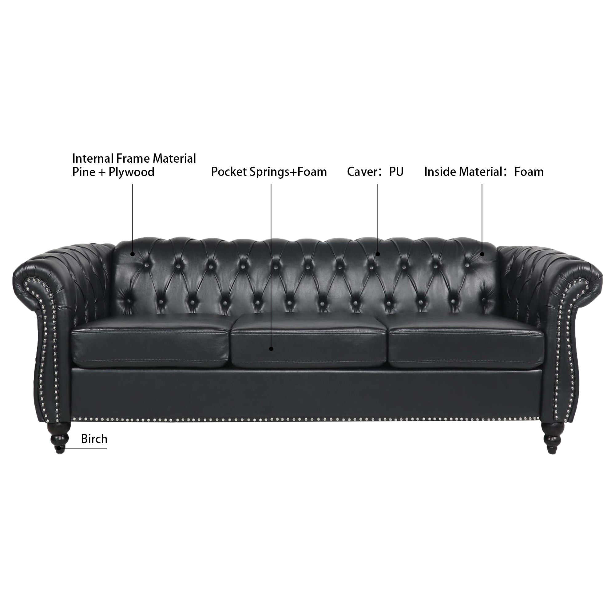 84.65" BLACK PU Rolled Arm Chesterfield Three Seater Sofa