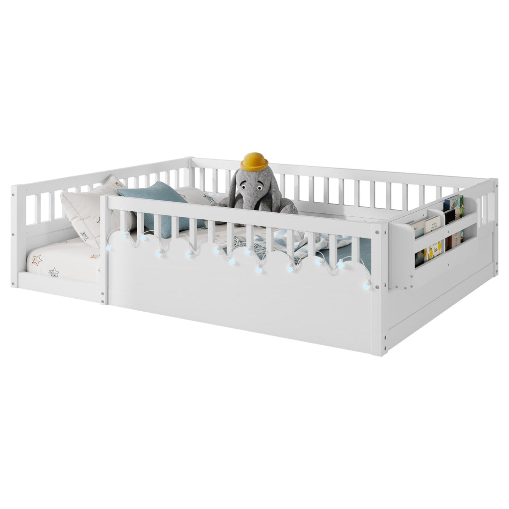 Full Montessori Floor Bed Frame with High Rails, Wood Kids Floor Beds with Light and Storage Shelf, White (Expect Arrival Date 2025/8/15)
