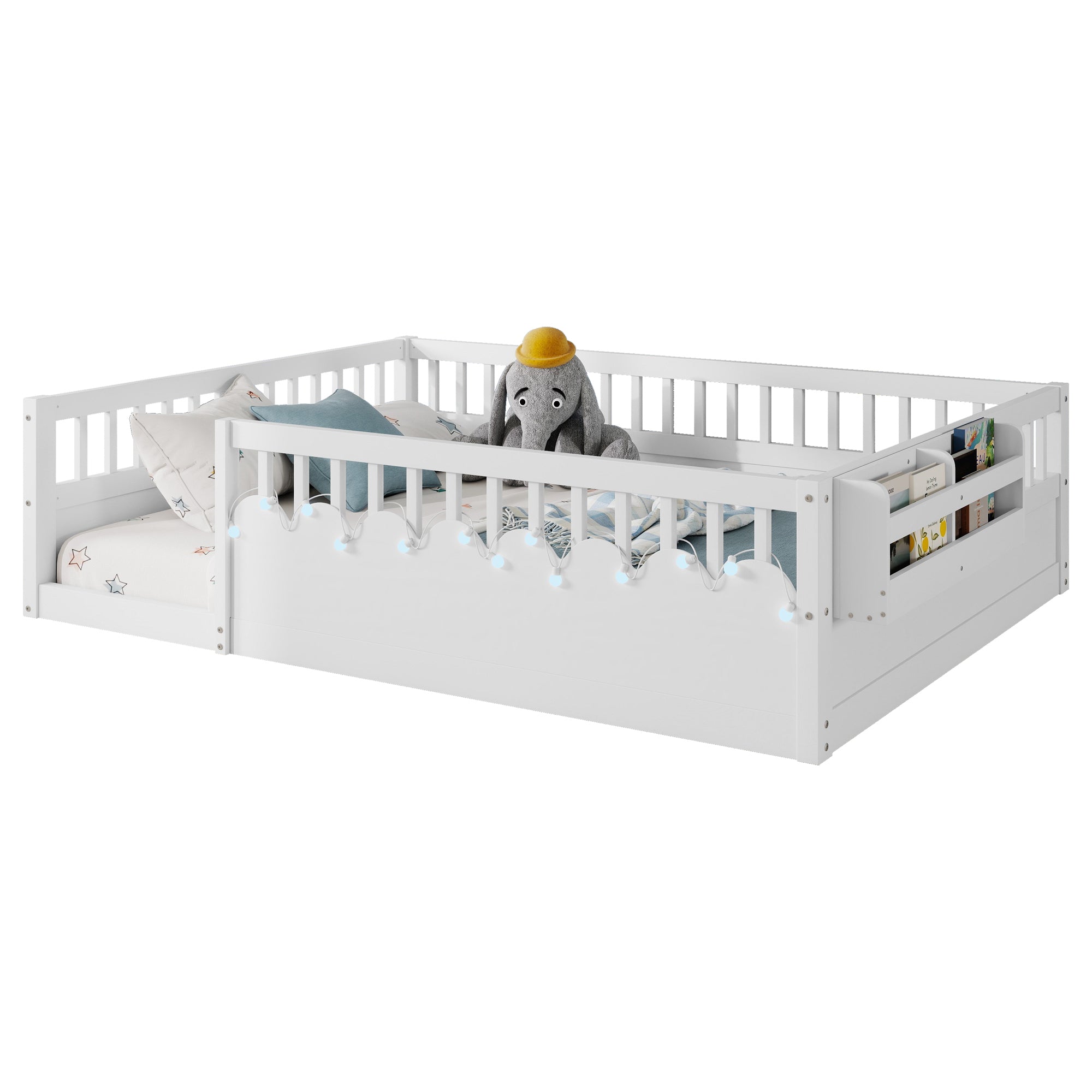 Full Montessori Floor Bed Frame with High Rails, Wood Kids Floor Beds with Light and Storage Shelf, White (Expect Arrival Date 2025/8/15)