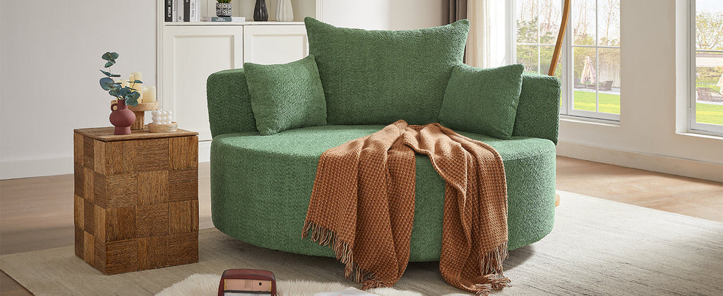 Modern 360° Swivel Accent Barrel Chair with Removable Pillows in Green Chenille for Living Room and Office
