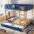 Full Bunk Bed with Trundle , Wood Bunk Bed Frame with Built-inBookshelf and High-quality Safety Guardrail,Automobile Form Design for Kids ,Blue＆Natural.