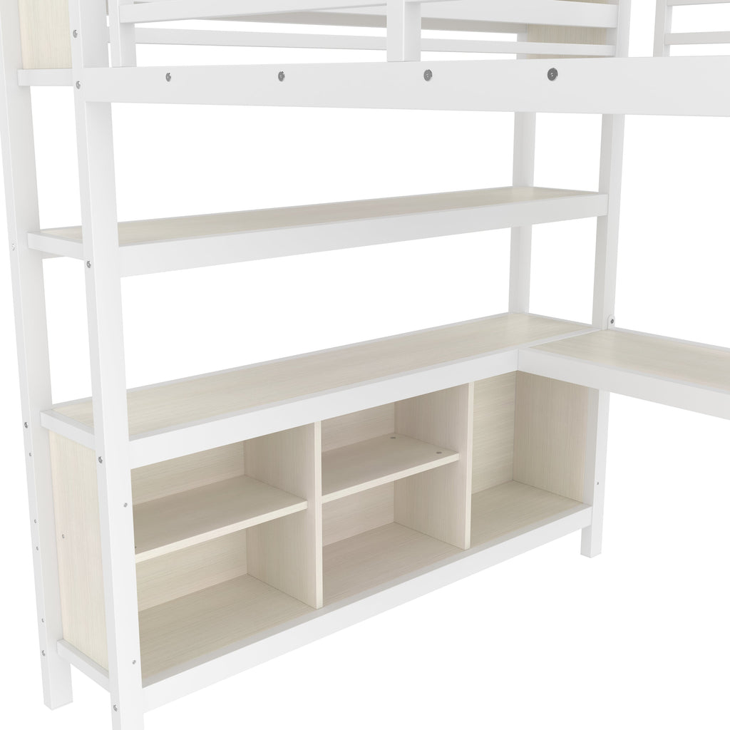 Metal Loft Bed with Wardrobe And L-shaped Desk, Queen Size Loft Bed with Storage Cubes and Shelves, Heavy Duty Loft Bed for Kids Teens Adults, White Wood-grain