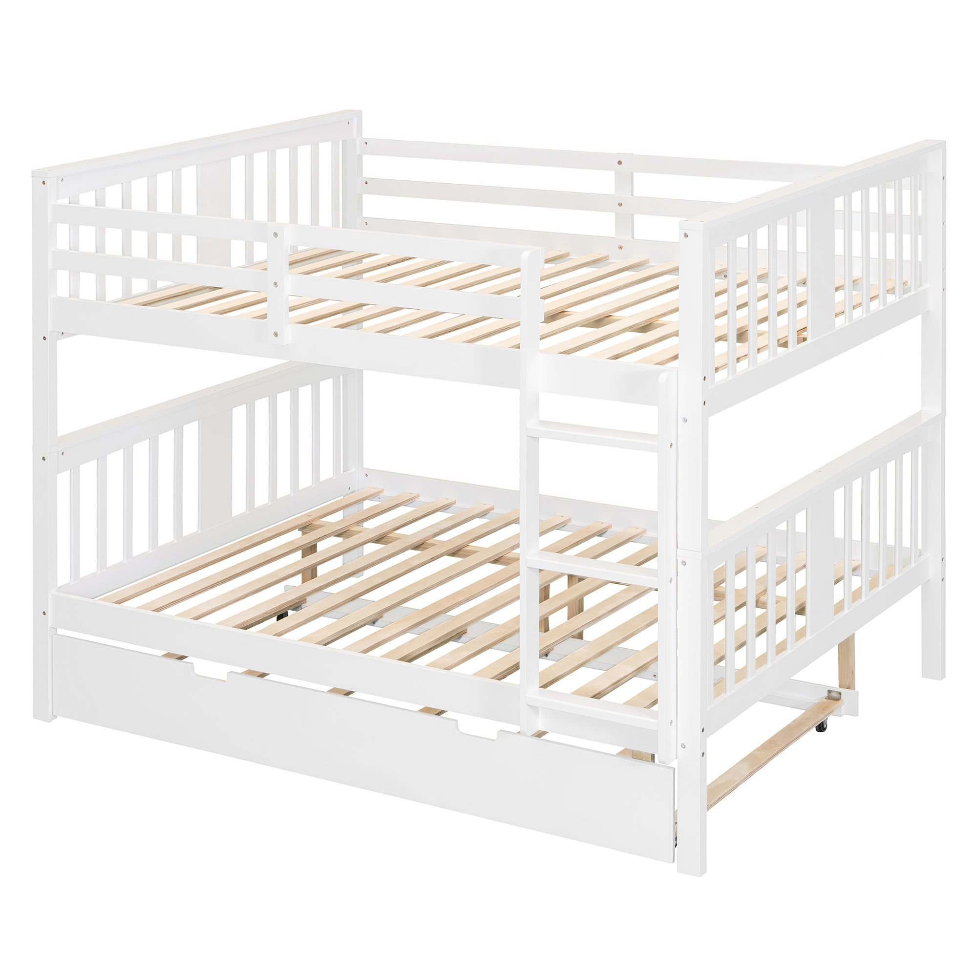 Full over Full Bunk Bed with Twin Size Trundle and Ladder-White(Old SKU: LT000204AAK)