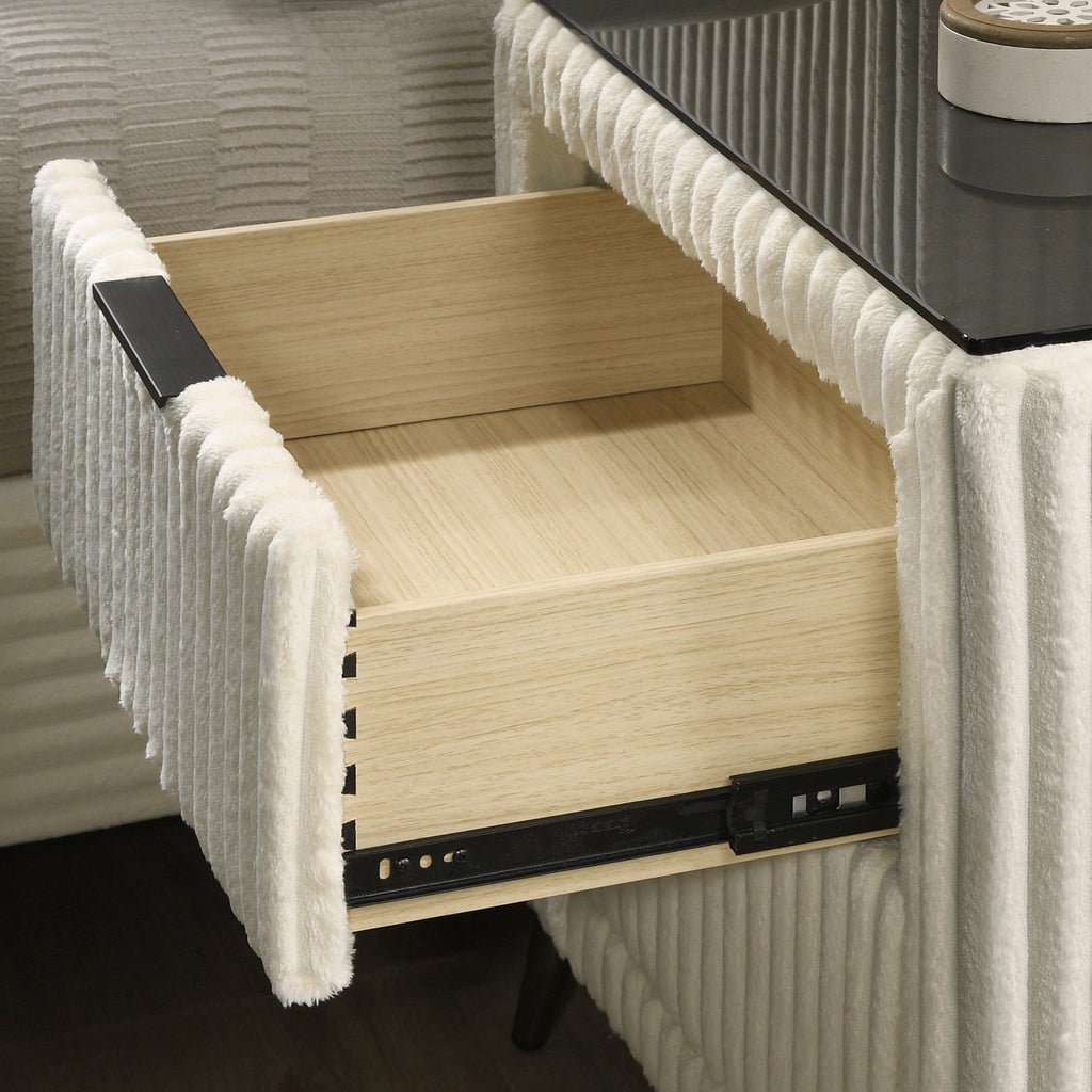 Mavela Wide Wale Corduroy Upholstery Panel King Bed with 2 Nightstands, Cream