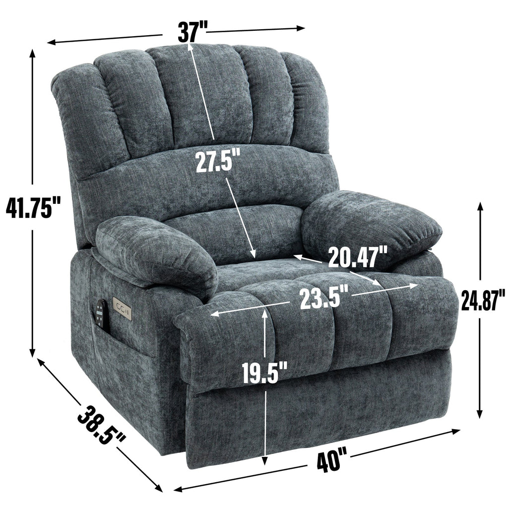 23' Seat Width and High Back Large Size Blue Grey Chenille Power Lift Recliner Chair with 8-Point Vibration Massage and Lumbar Heating