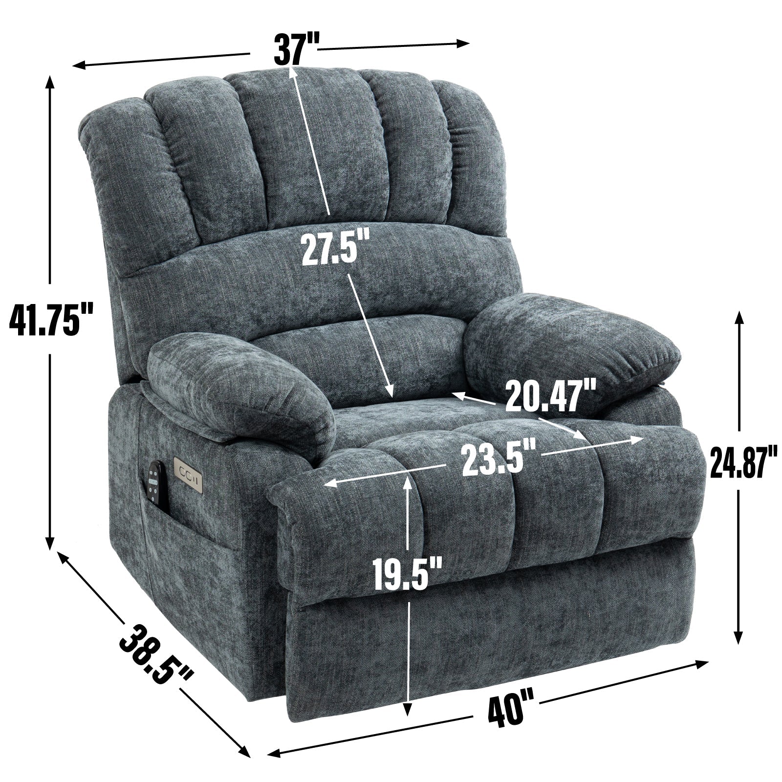 23' Seat Width and High Back Large Size Blue Grey Chenille Power Lift Recliner Chair with 8-Point Vibration Massage and Lumbar Heating