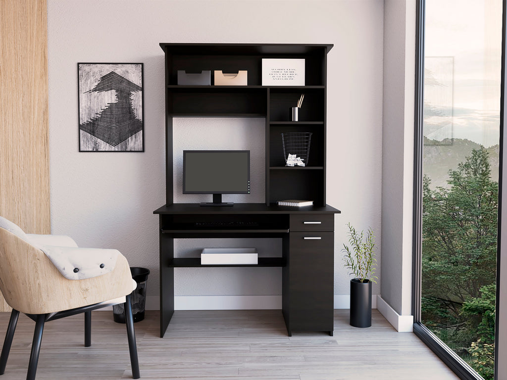 Compu Hutch Desk, Keyboard Tray, Door Panel For CPU, Multiple Shelves, One Drawer, Black