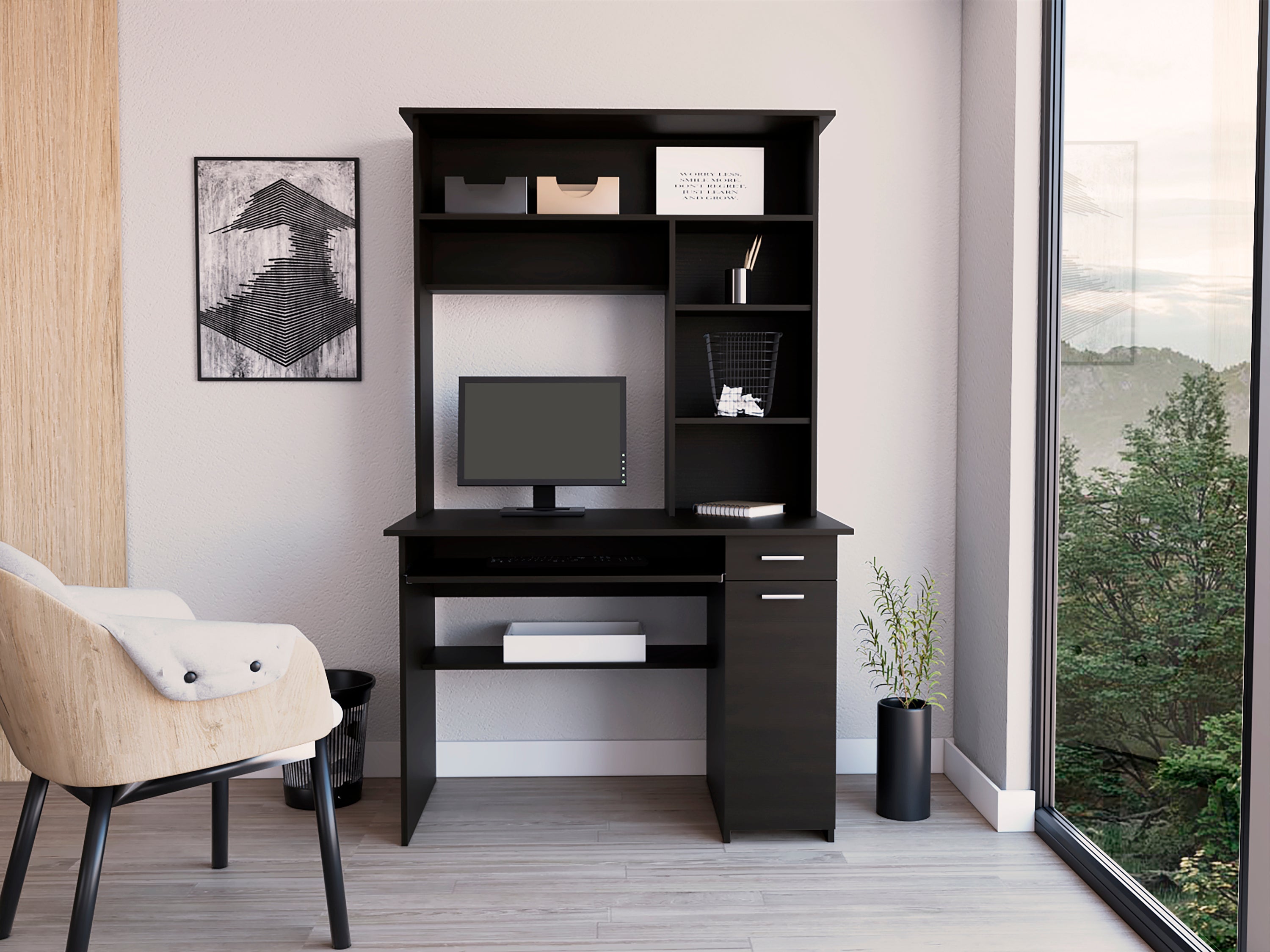 Compu Hutch Desk, Keyboard Tray, Door Panel For CPU, Multiple Shelves, One Drawer, Black