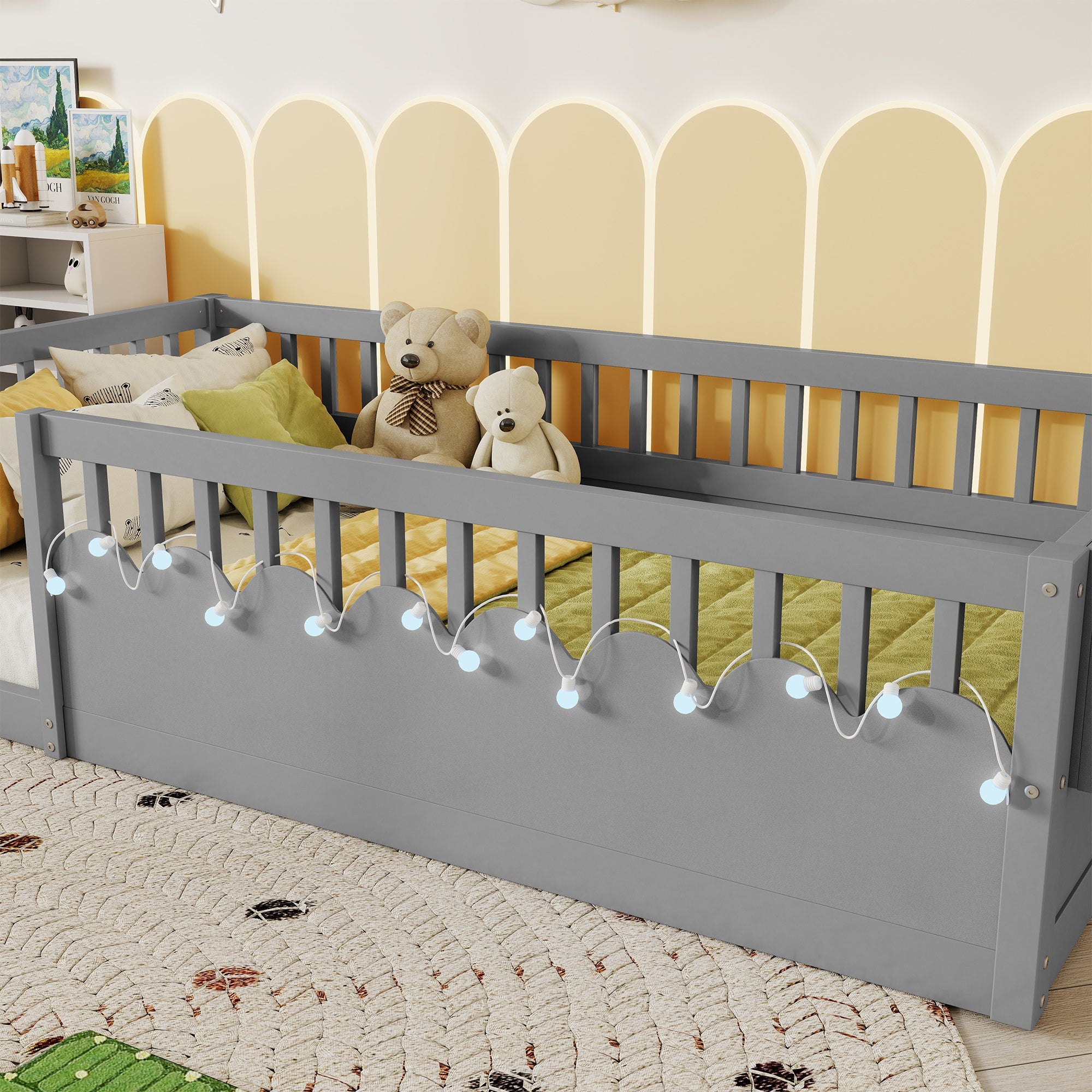 Full Montessori Floor Bed Frame with High Rails, Wood Kids Floor Beds with Light and Storage Shelf, Gray(Expect Arrival Date 2025/8/15)