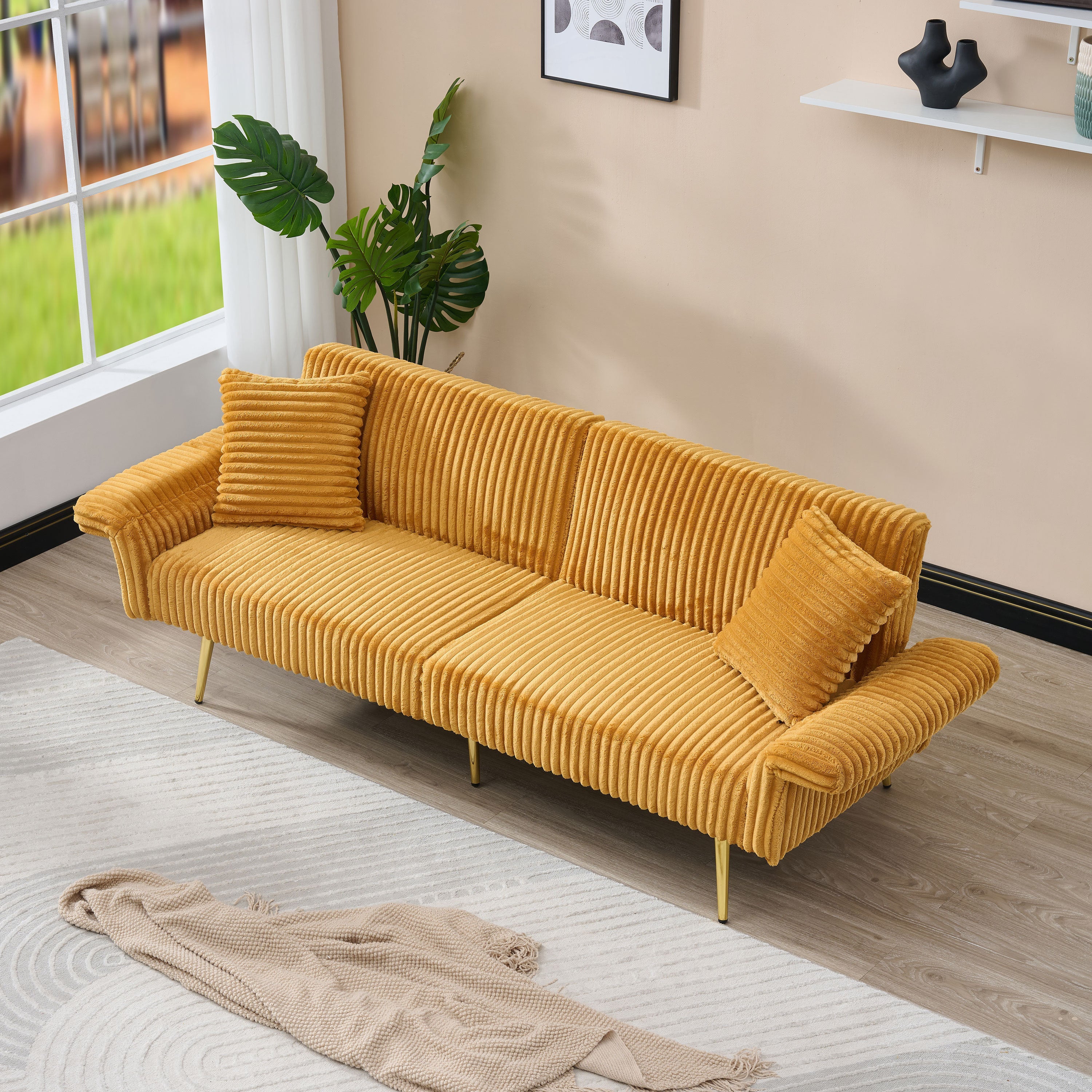 Luxury Corduroy Foldable Double Sofa Bed with Folding Armrests, Yellow, Solid Wood Frame, 79 Inch