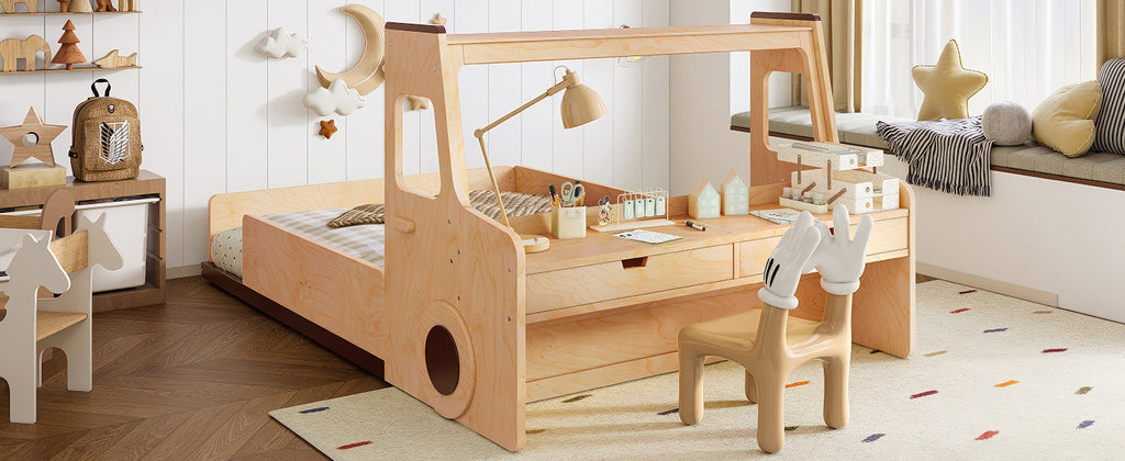 Full Size Floor Bed with Interesting Car-shape Design, Kids Car Floor Bed with Storage Drawers, Window, and Desk, Childlike Design, Natural
