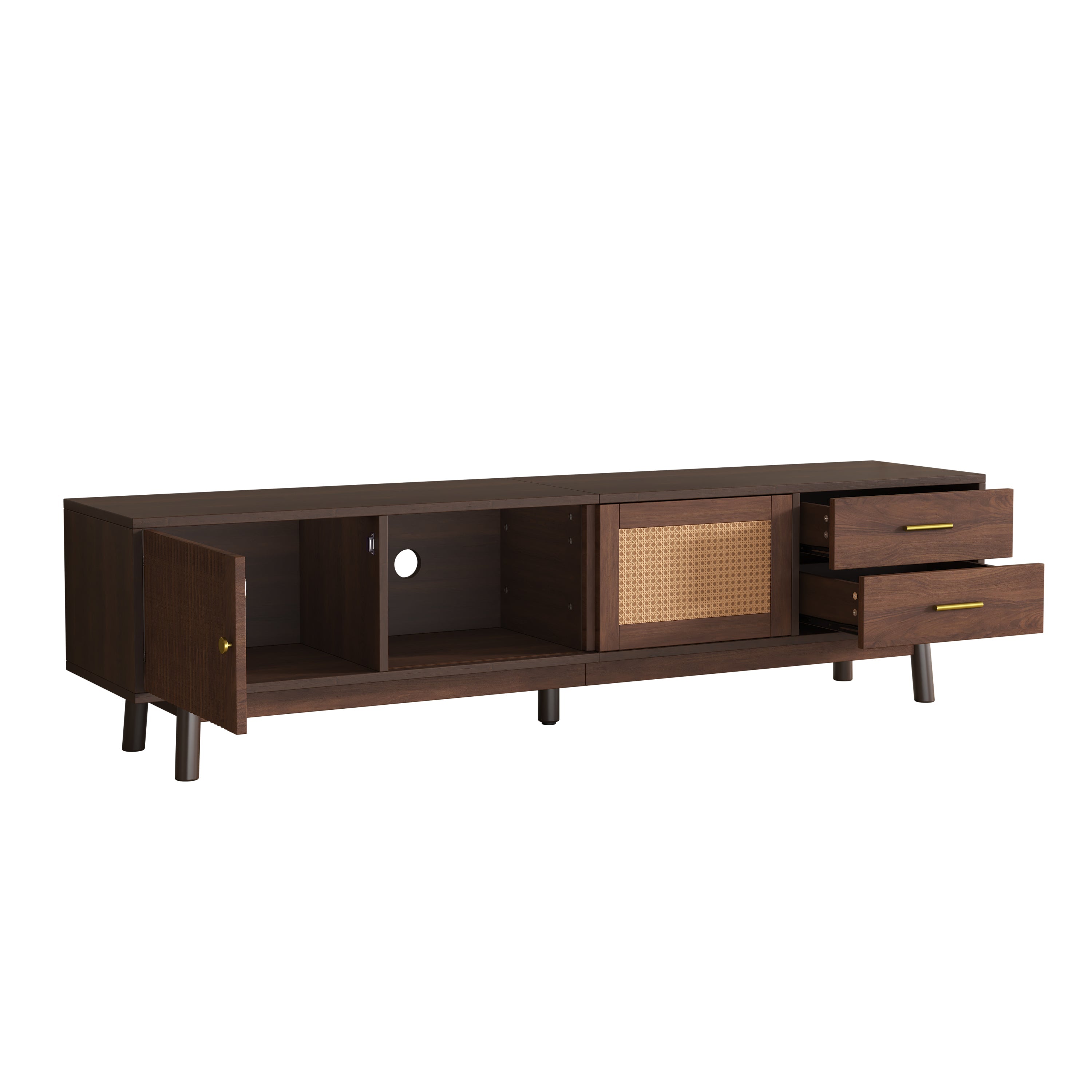 Mid Century Modern TV Stand for 80' TVs, Entertainment Center with Sliding Doors and Drawers, TV Table with Storage for Living Room, Bedroom