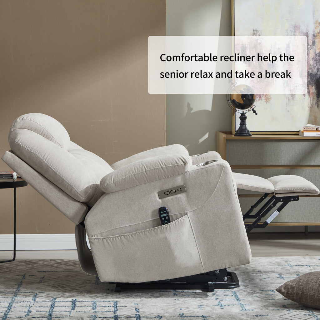 Up to 350 LBS polyester Power Lift Recliner Chair, Heavy Duty Motion Mechanism with 8-Point Vibration Massage and Lumbar Heating, USB and Type-C Ports, Stainless Steel Cup Holders, Beige