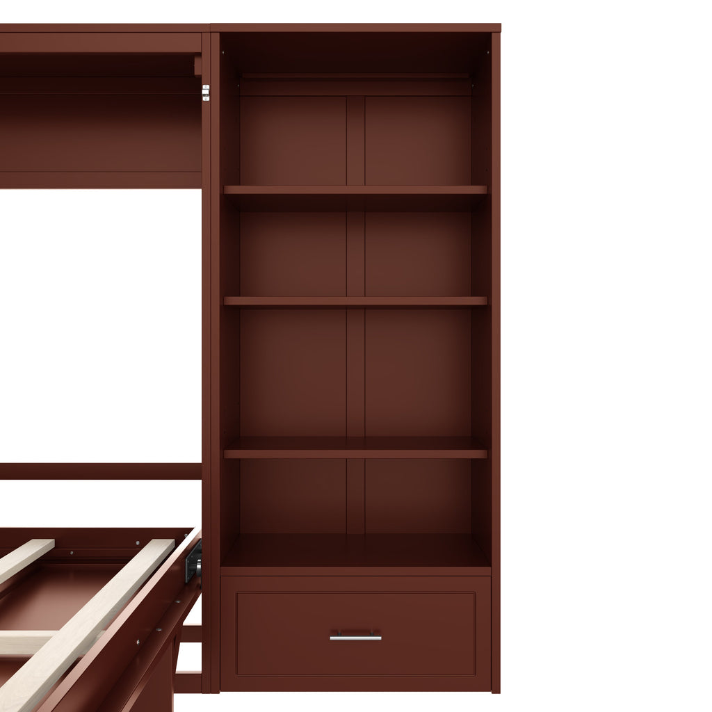 Queen Size Murphy Bed with Height Adjustable Storage Compartments and Shelf, Wall Bed Frame With 1 Drawer, Multifunctional Foldable Platform Bed for Small Space,Bedroom,Guest Room, Walnut