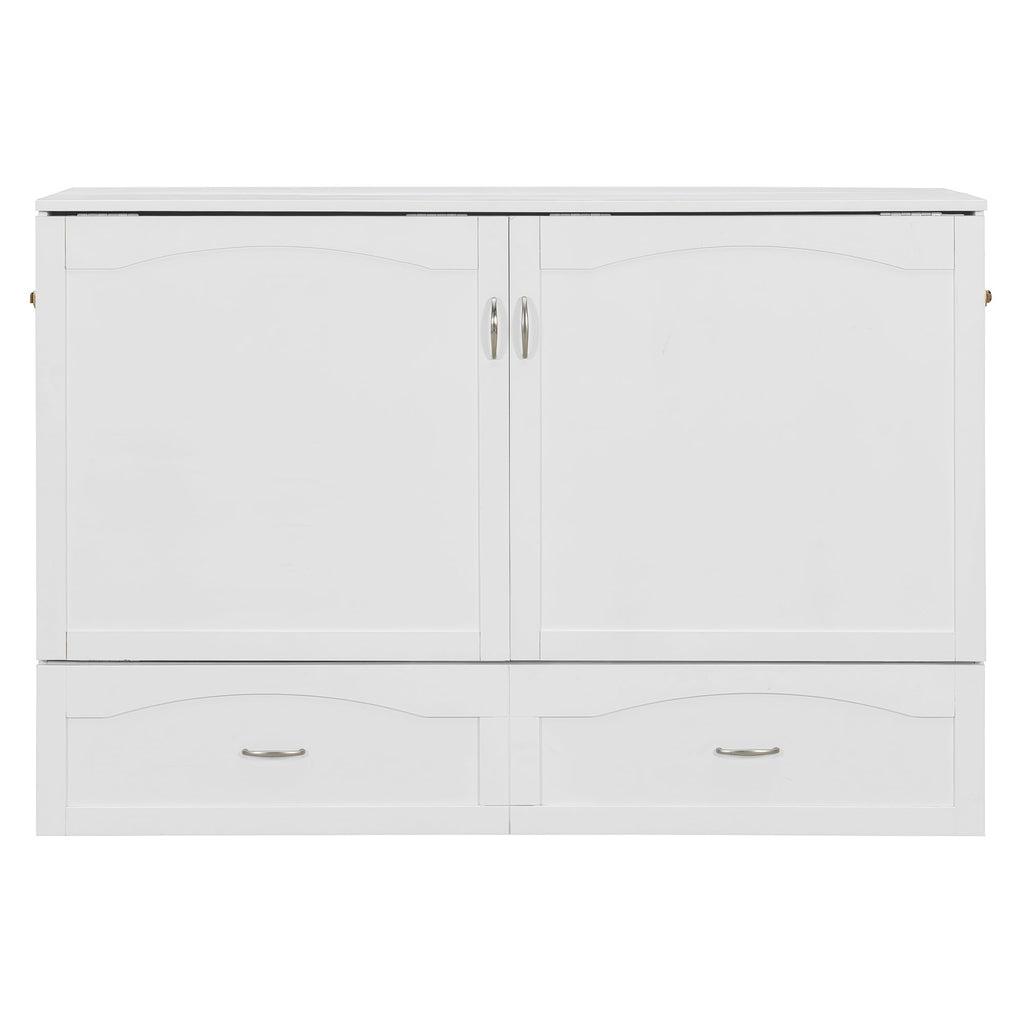 Queen Size Murphy Bed Wall Bed with drawer and a set of Sockets & USB Ports, Pulley Structure Design, White(OLD SKU: LP100671AAK)