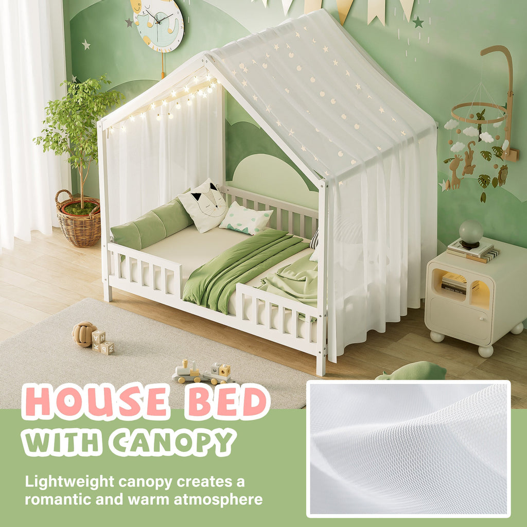 Montessori Floor Bed with Canopy, Full Bed Frame for Kids, House Shape Kids Bed Frame with High Railings, Wood Kids Bed with Roof, Kid Full Bed, White