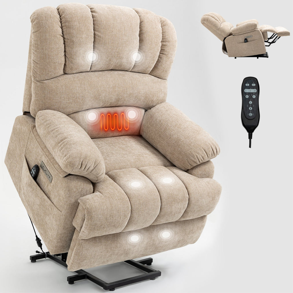 23' Seat Width and High Back Large Size Beige Chenille Power Lift Recliner Chair with 8-Point Vibration Massage and Lumbar Heating