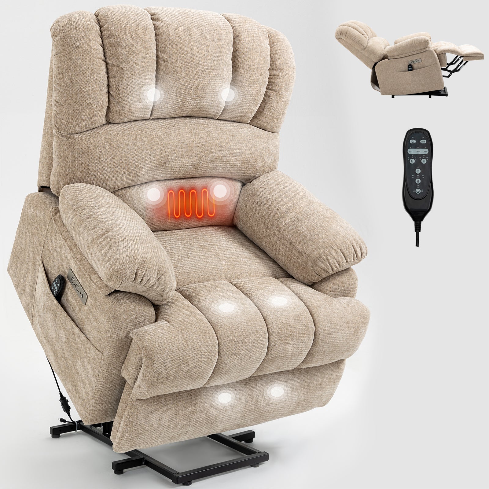 23' Seat Width and High Back Large Size Beige Chenille Power Lift Recliner Chair with 8-Point Vibration Massage and Lumbar Heating