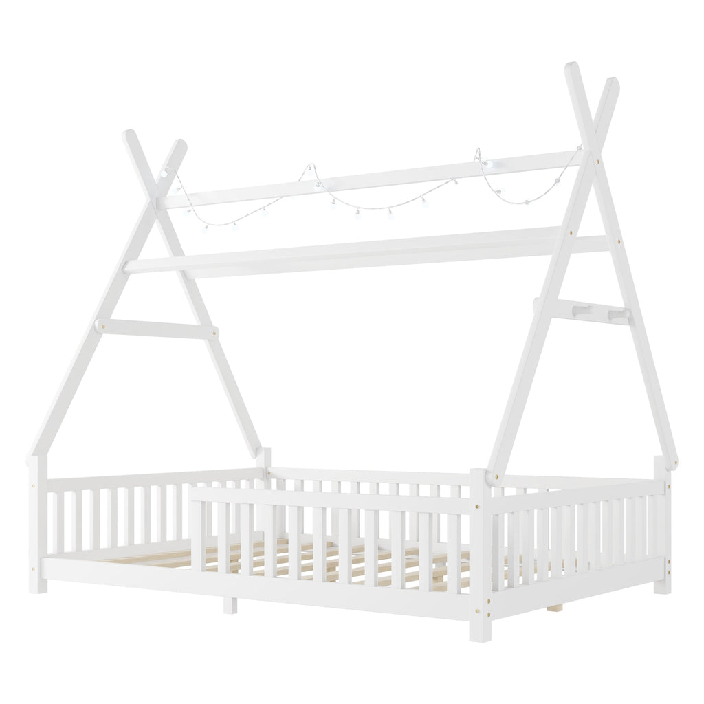 Full House Bed with Light, Low Floor House Bed with Fence and Roof for Kids Boys Girls,White(Expect arrive date 2025/7/20)