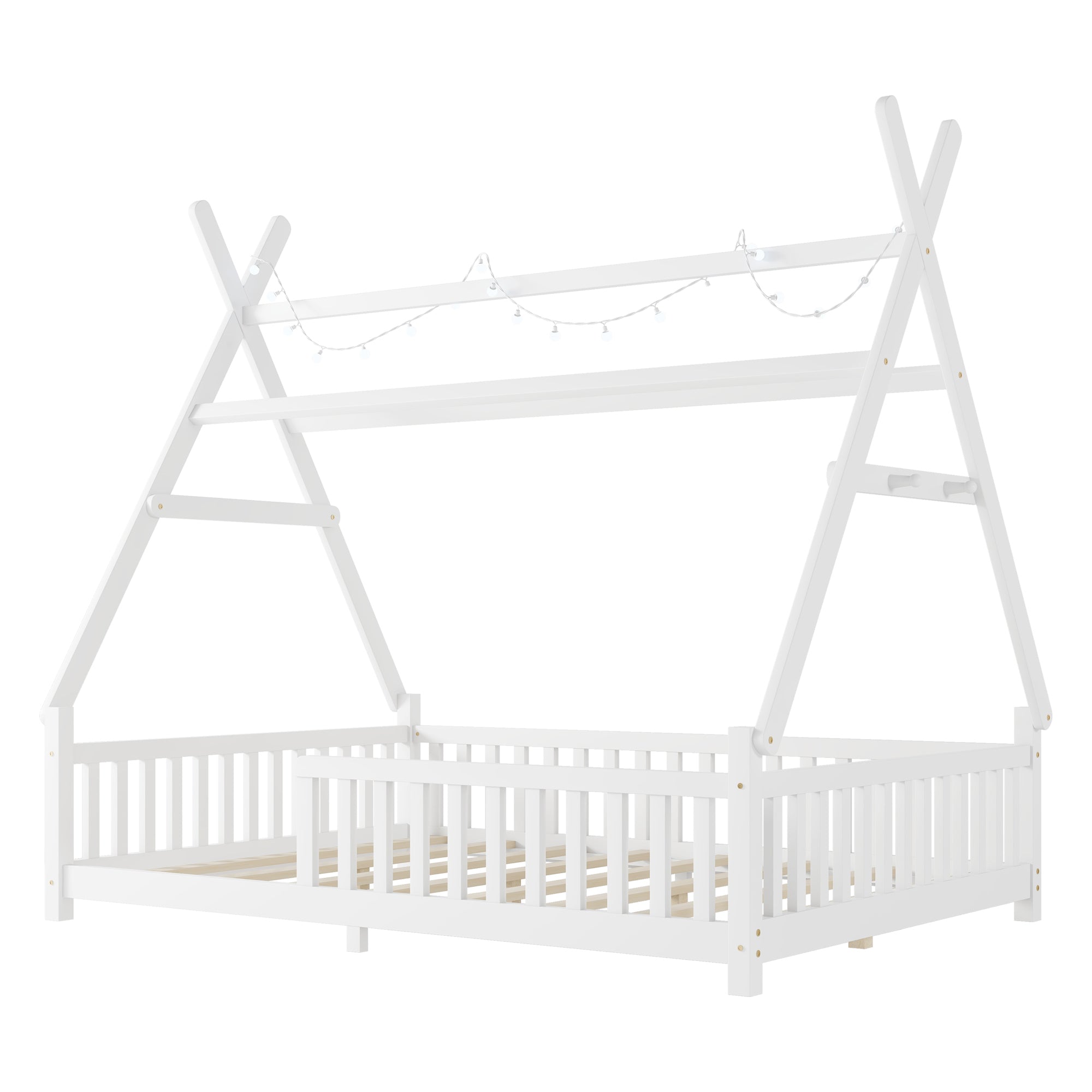 Full House Bed with Light, Low Floor House Bed with Fence and Roof for Kids Boys Girls,White(Expect arrive date 2025/7/20)