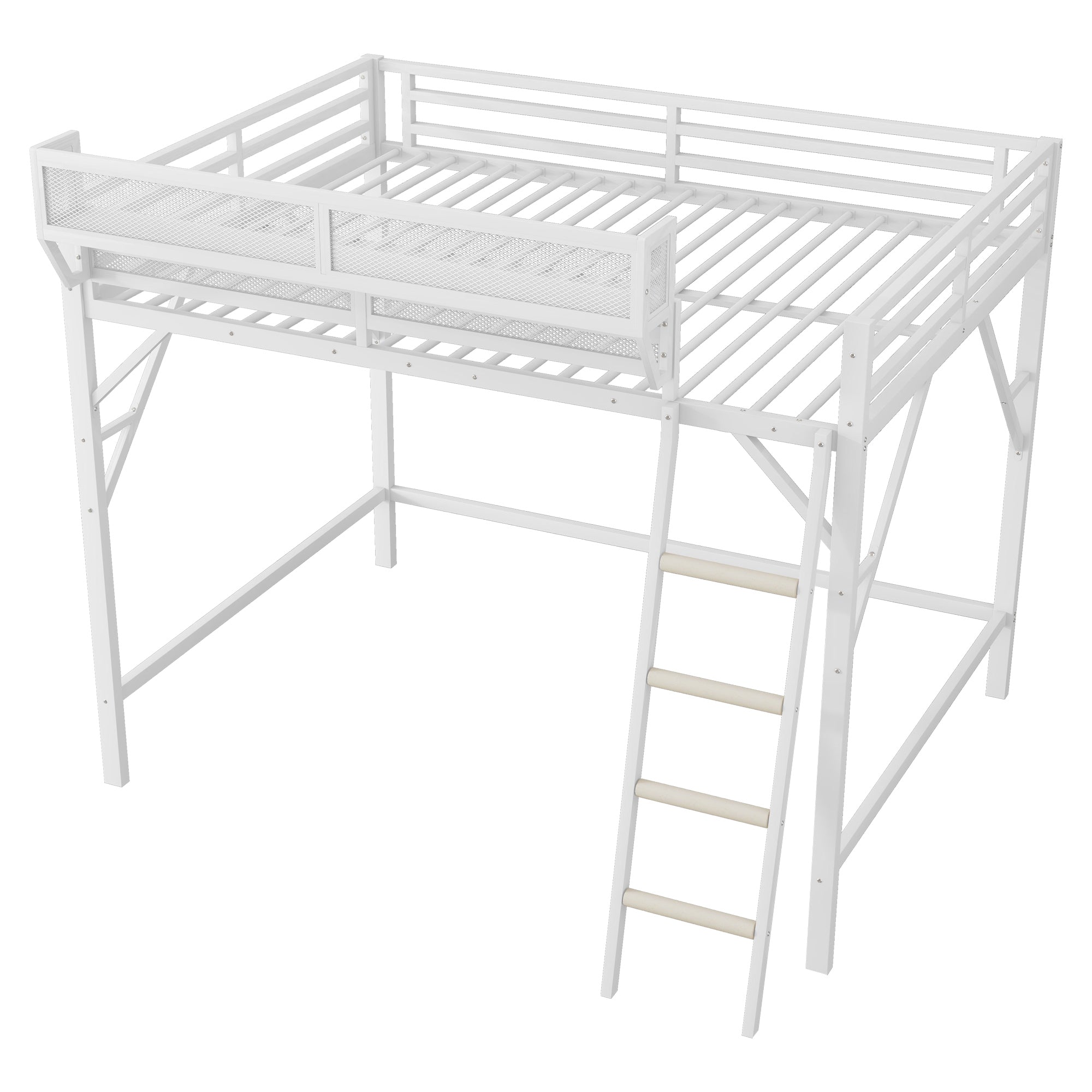 Queen Size Loft Bed with Ladder, Metal Queen Loft Bed with Storage Shelves, High Loft Bed for Kids Teens, White(Expect Arrival Date 2025/12/3  Old SKU W2580P351278)