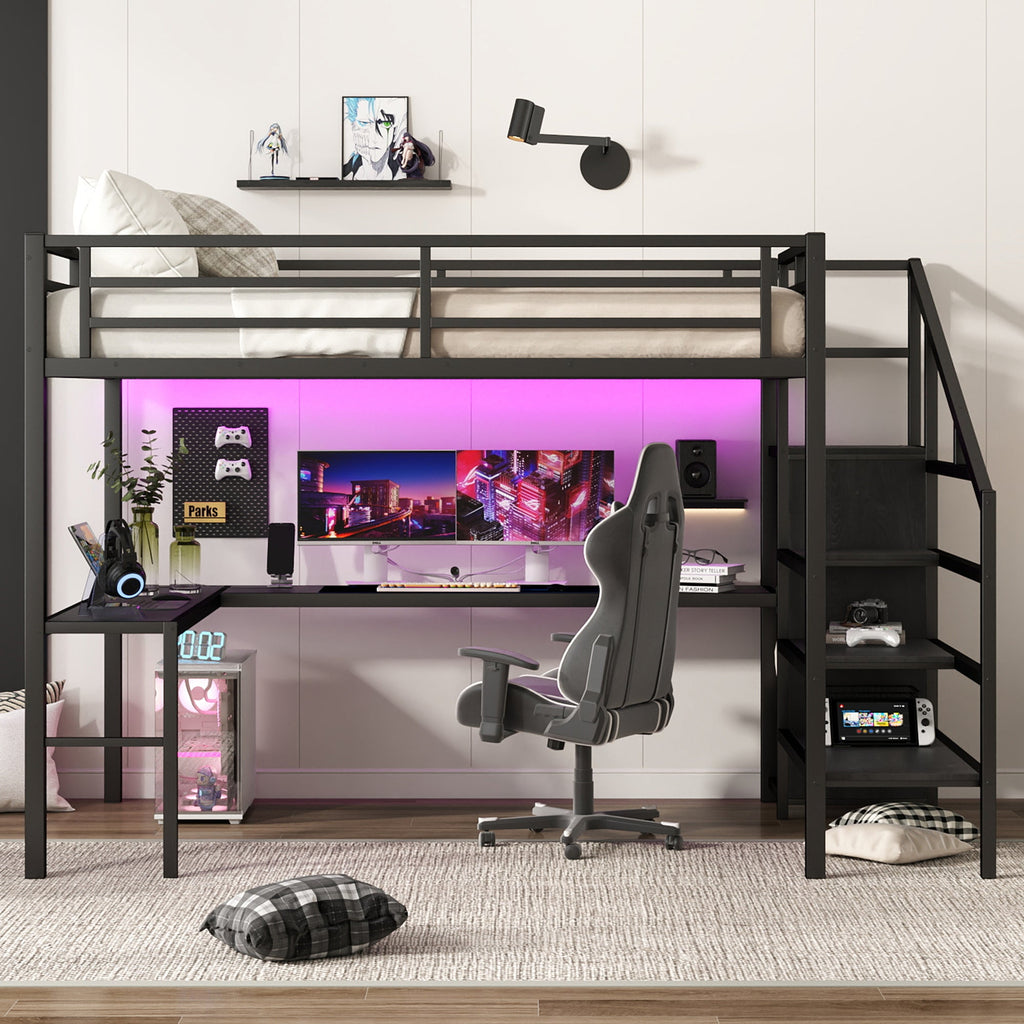Queen Size Loft Bed with L-shaped Desk and USB, Metal Loft Bed with Wardrobe and Adjustable Shelf, High Loft Bed with LED for Kids Teens Adults, Black