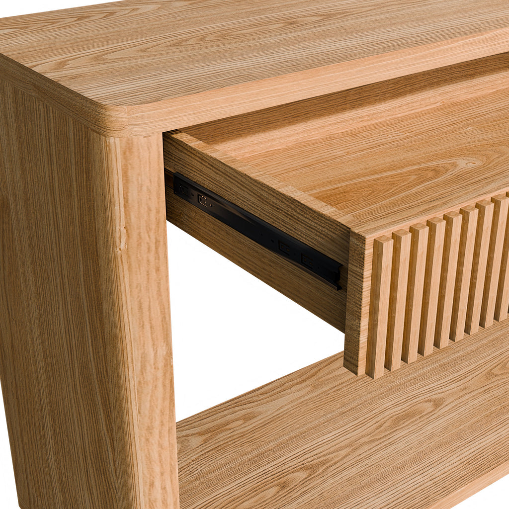60' Modern 2-Drawer Fluted Console Table Natural Wood Veneer Sofa Table Behind Couch Table for Living Room, Hallway, Entryway, Home Office, Natural Wood