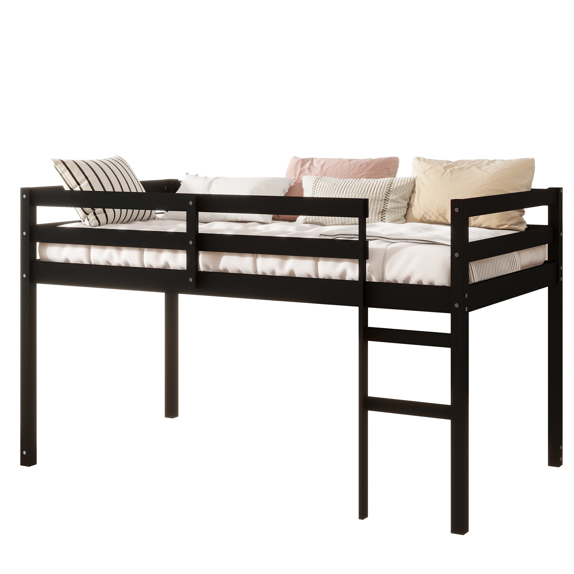 Solid Wooden, Rubber Wooden Twin Loft Bed with Ladder, Bed Platform of Strengthened Slats , Black