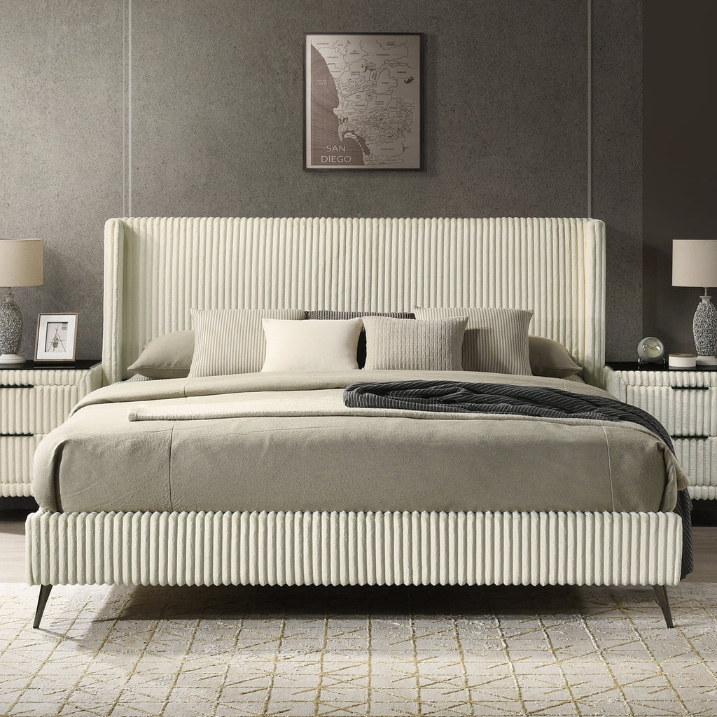 Mavela Wide Wale Corduroy Upholstery Panel King Bed with 2 Nightstands, Cream