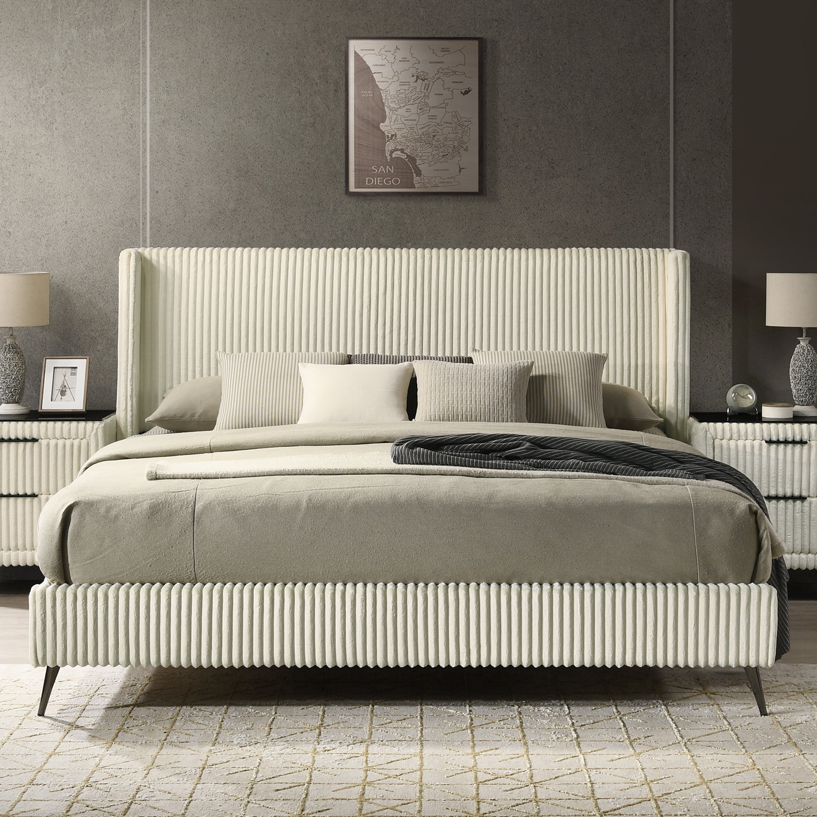 Mavela Wide Wale Corduroy Upholstery Panel King Bed with 2 Nightstands, Cream