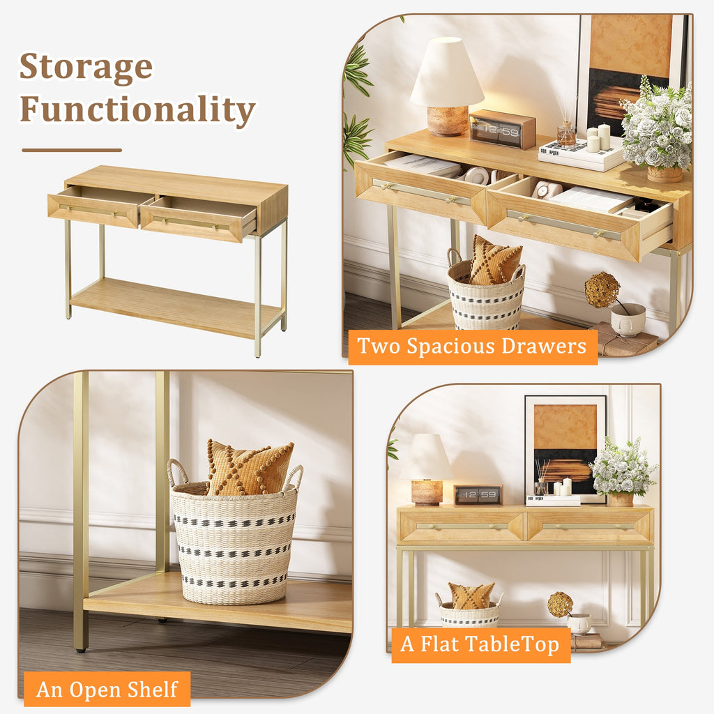 TREXM Entryway Table, Console Table with Two Drawers, Retro Hallway Table with Striking Geometric Design for Entryway and Living Room (Natural)