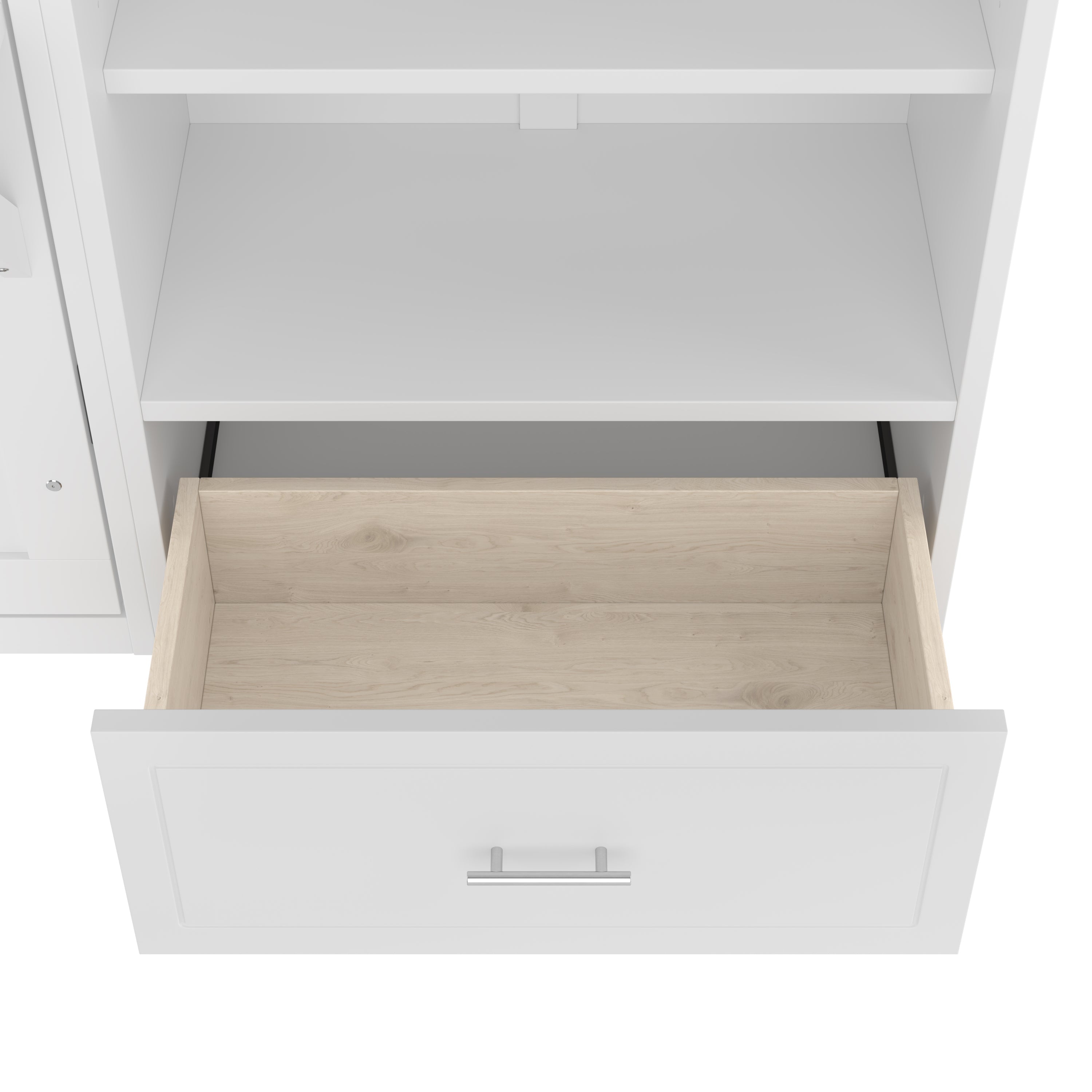 Queen Size Murphy Bed with Height Adjustable Storage Compartments and Shelf, Wall Bed Frame With 1 Drawer, Multifunctional Foldable Platform Bed for Small Space,Bedroom,Guest Room, White
