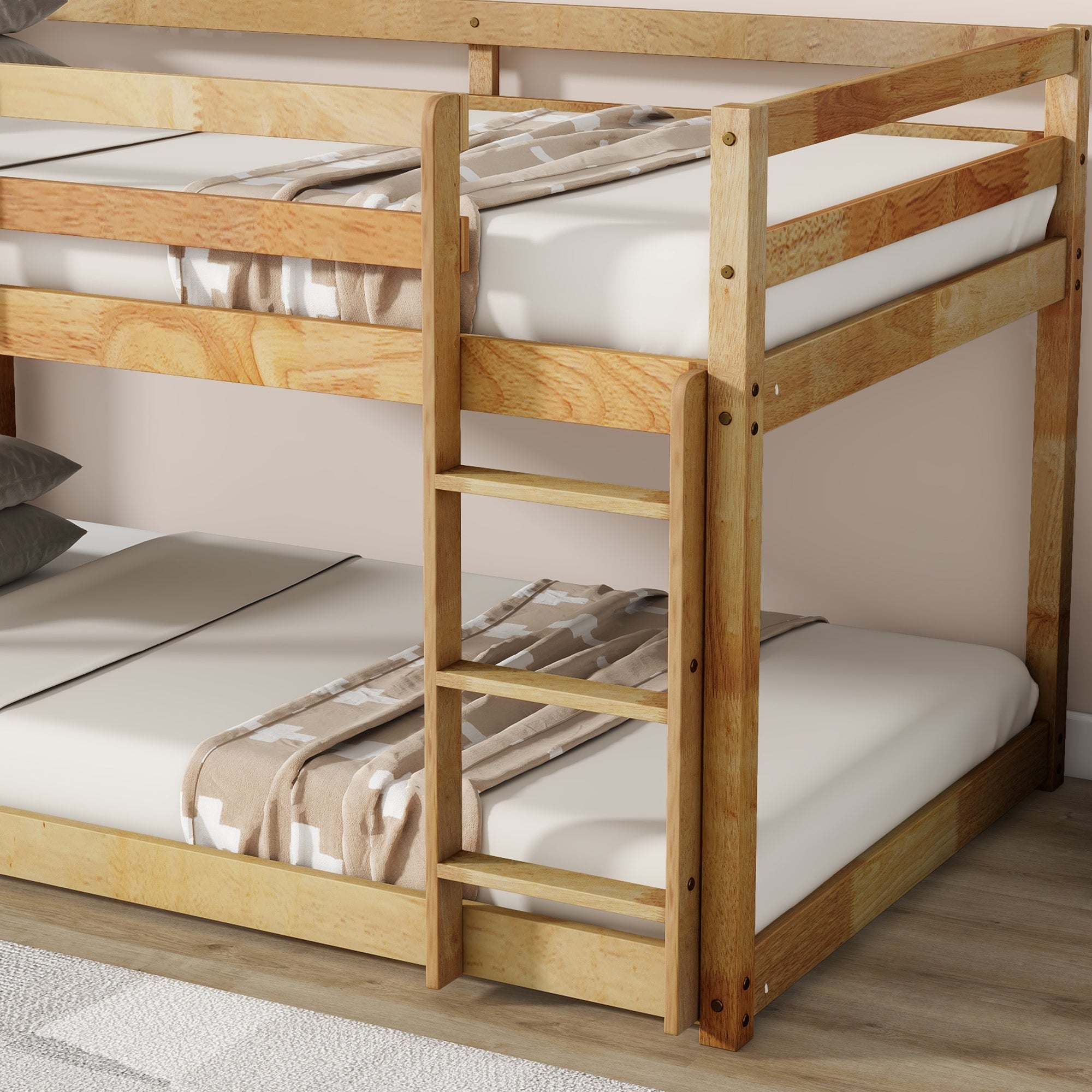 Solid Wooden, Solid Rubber Wooden Twin over Twin Floor Bunk Bed with Ladder, with Bed Platform of Strengthened Slats  , Natural