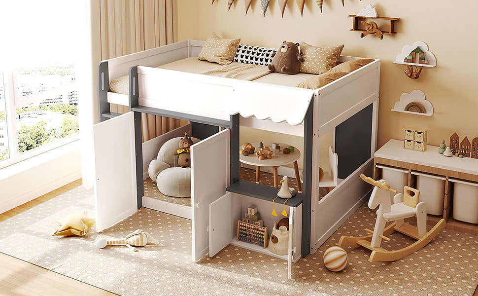 Full Loft House Bed with Playhouse & Storage, Modern Wood Cabin Bed for Kids/Teens, White+Gray