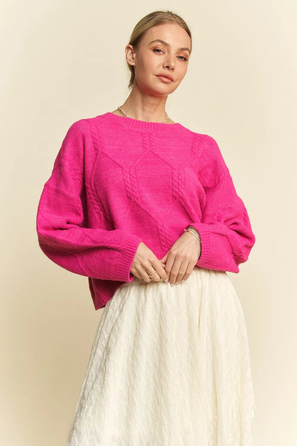 Davi & Dani Diamond Cable Pattern Drop Shoulder Sweater
