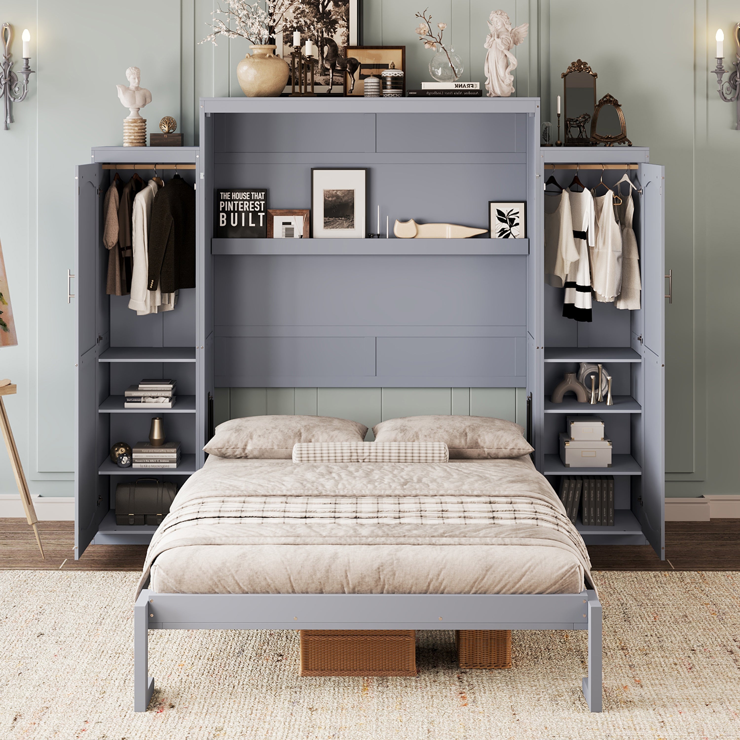 Queen Size Murphy Bed, Wooden Queen Wall Bed with 2 Wardrobe and Storage Shelf, Multifunctional Foldable Platform Bedframe for Guest-Room, Bedroom, Gray